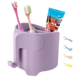 Hippywell Elephant Toothbrush Holder for Toddler, Cute Toothbrush Holder for Kids, Electric Toothbrush Toothpaste Holder with 3 Rapid Drying Slots and a Hook for Bath Ball, Light Purple