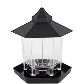 Panorama Wild Bird Feeder Squirrel Proof Hexagon Shaped with Roof Hanging Feeder Outdoor Yard Decoration, Black