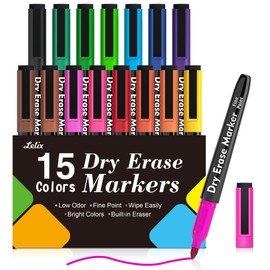 Lelix 15 Colors Dry Erase Markers, Magnetic Whiteboard Markers Fine Point with Eraser for Back to School, Office, Home Perfect for Writing on White Board, Dry Erase Board, Mirror, Glass