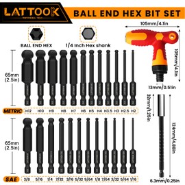 Ball End Hex Head Allen Wrench Drill Bit Set with T Handle Ratchet Driver, LATTOOK Ball End Hex Bit Set Allen Key Bit Set with T Handle, Magnetic S2 Steel, 24PCS Metric & SAE