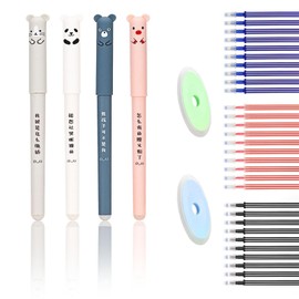 LOREC Pack of 12 Cartoon Erasable Ballpoint Pens Blue 0.35 mm Rollerball Pen Erasable with 30 Refills and 2 Erasers Erasable Pen Panda Gel Pen Erasable for Children Students