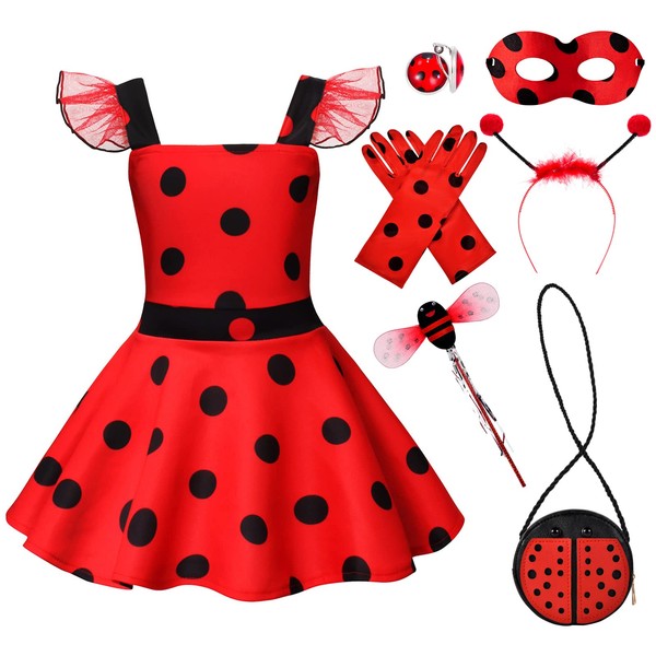 Ladybug Dress Costume for Girls with Polka Dots Tutu Dress Halloween Birthday Dress Up Pretend Play for Kids 3-8 (4-5T)