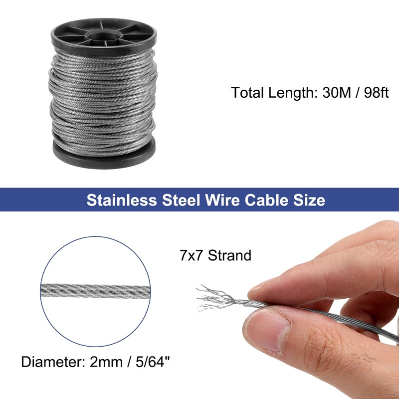 uxcell 5/64" (2mm) 98ft 304 Stainless Steel Cable Wire Rope