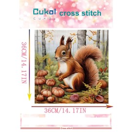 Cukol Cukol Squirrel 11ct Cross Stitch, 11 Count Counted Stamped Pre Printed Cross Stitch Embroidery Kits for Adults Beginners Starter Advanced Easy Crossstitch Animal Patterns Set Wall Decor 36x36 cm