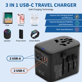 Great Jacob 45W Travel Adapter Worldwide, Fast Charge International Socket Adapter, Travel Adapter with UK/USA/EU/AU Plug, Universal Travel Plug with 2 USB (QC 18W) & 2 USB C(PD 45W & PD 20W)
