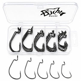 Bucht 40pcs Offset Hooks 5 Sizes 1/0, 2/0, 3/0, 4/0, 5/0 Narrow Gap Bass Fishing Worm with Case