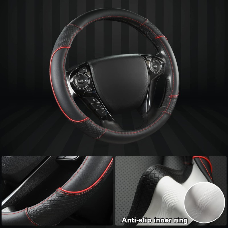 GIANT PANDA Microfiber Leather Steering Wheel Cover for Honda Accord,Civic,CR-V,HR-V,Pilot(Diamond-Pattern-Black+Red