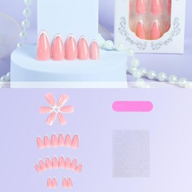 GUAACCB Almond Press on Nails Glitter French Tips Fake Nails Medium White French Nails Press On Stick On Nails with White Curve Line Design Full Cover Acrylic Nails Artificial Nails for Women 24Pcs