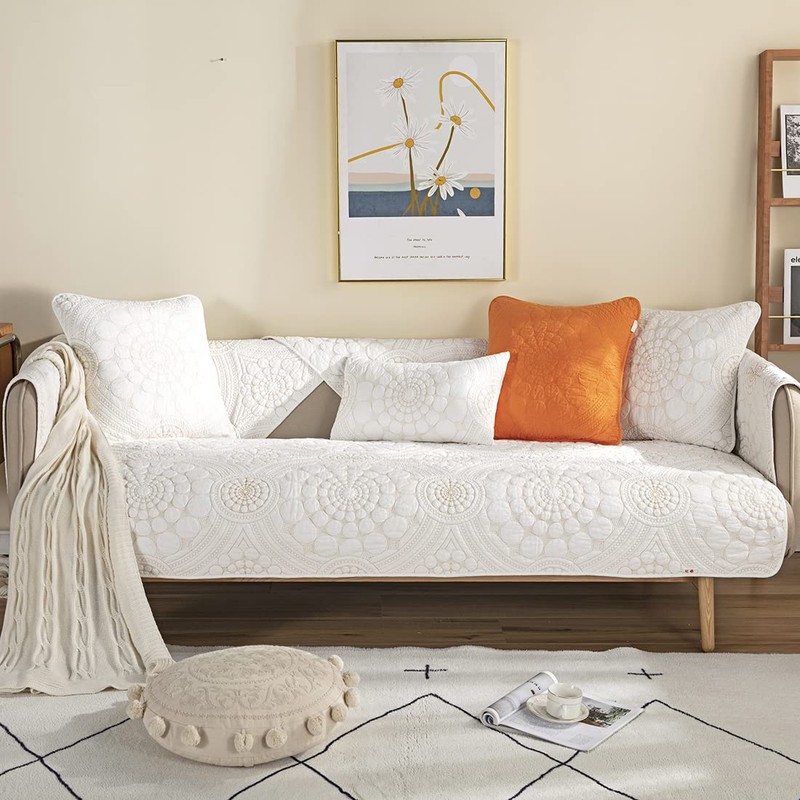 vctops Boho Circle Embroidery Couch Sofa Cover Solid Color Cotton