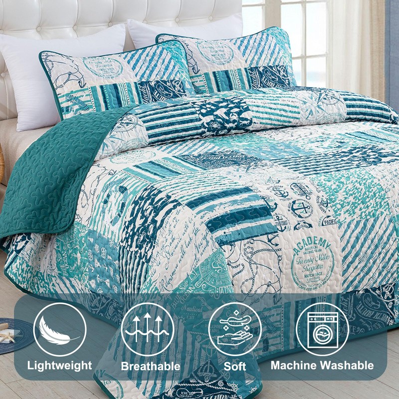 Dinjoy Summer Nautical Ocean Quilt Set King Size, Beige Blue