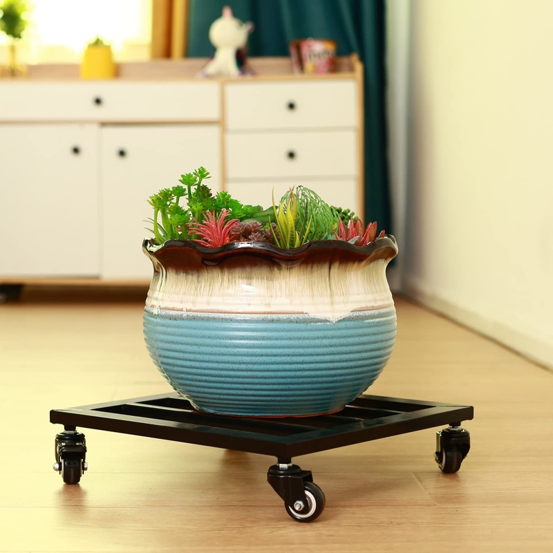 Large Metal Square Plant Caddy with Wheels 13.6” Iron Wrought