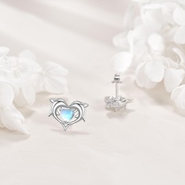 Moonstone Dolphin Earrings Sterling Silver Jumping Double Dolphin Stud Earrings Jewellery Gifts for Women