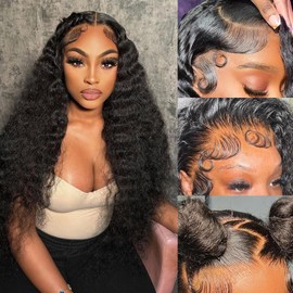 MMFZPHEIR 13x6 Deep Wave Lace Front Wigs Human Hair 200% Density 13x6 Lace Frontal Wigs Human Hair Natural Black Deep Curly Glueless Wig Human Hair Pre Plucked with Baby Hair(34 Inch)