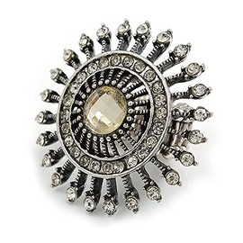 Avalaya Crystal Filigree Star Stretch Ring/Aged Silver Tone/Vintage / 40mm D