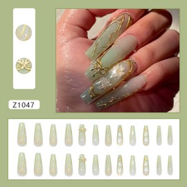 EYZOTSF Press on Nails Coffin Shaped Acrylic Extra Long Square False Nails with Designs Artificial Long Length Coffin Fake Nails with Charms Glue Stick ons Fingernails for Women Girls(Z1047)