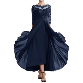 GDJDIFK Mother of The Bride Dresses Lace Applique - 3/4 Sleeve Ruched Tea Length Formal Dress Navy