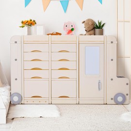 MAMIZO Kids Large Toys Storage Organizer, Bus Cart Cabinet Closed 10 Bins, Big Chest, Open Top & Side Shelves Combo, Multipurpose Toy and Book Storage Solution, with Drawing Board