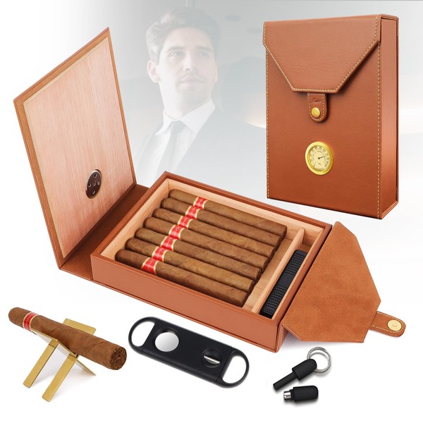 Premium Leather Cigar Humidor Set - Cedar Wood Liner, with Gold Cigar Holder, Embedded Gold Hygrometer, V Cigar Cutter & Punch, Humidifier, Precious Travel Cigar Case for Birthday Gift, Festival