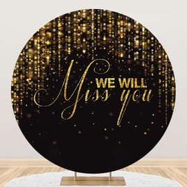 DORCEV 7.2x7.2ft We Will Miss You Round Backdrop Cover Black Gold Going Away Party Circle Backdrop Background Adults Congrats Retirement Goodbye Office Work Farewell Anniversary Graduation Party Decor