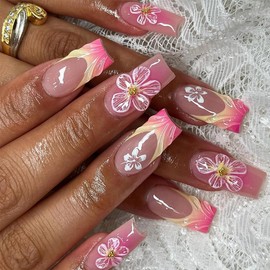 BABALAL Press on Nails Medium Square Fake Nails Pink French Tip Glue on Nails 3D Texture Flower Design Coquette Acrylic Nails 24Pcs Handmade False Nails Squoval Glossy Stick on Artificial Nails