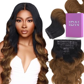 IDN BEAUTY Seamless Clip In Hair Extensions Human Hair 1B/30 Ombre Natural Black to Medium Auburn Body Wave Seamless Clip Ins For Black Women PU Weft Invisible Edge Thick Ends 100g 14 Inch 7pcs