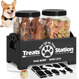 Dog Treat Container Dog Food Storage Container for Countertop, Cat Food Storage Container with 2 Plastic Dog Treat Jar, Dog Food Storage Container for Dog and Cat, Black Wooden Dog Food Container