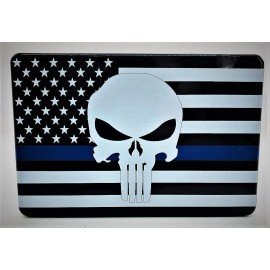 HMC BILLET BLUE LINE FLAG with PUNISHER,  Billet Aluminum Trailer Hitch Cover, UV, 3" X 5"
