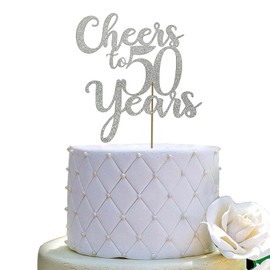Decoración para tartas Cheers to 50 Years - Decoración para fiestas de cumpleaños 50 o aniversario, purpurina plateada de doble cara