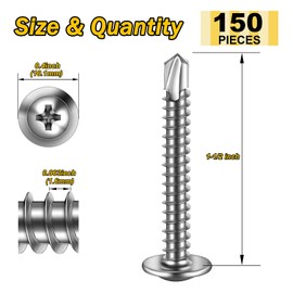 Mywish 150pcs #10×1-1/2" Self Tapping Screws for Metal, Sheet Metal Screws 410 Stainless Steel Truss Head Self Drilling Screws High-Strength Quick Tapping Screws