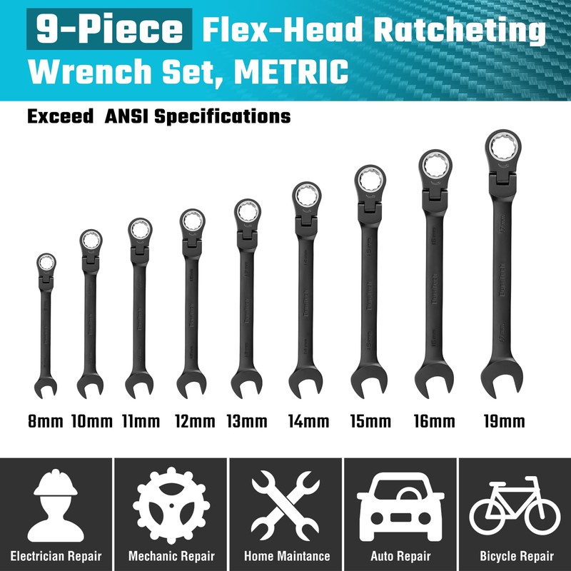 DURATECH 9-Piece Flex-Head Ratcheting Wrench Set, Combination Wrench Set, 72