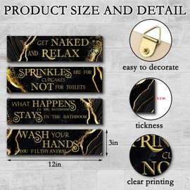 Black and Gold Bathroom Decor Set of 4 - Black Gold Bathroom Accessories Wooden Wall Art - Funny Rustic Marble Style Decoration