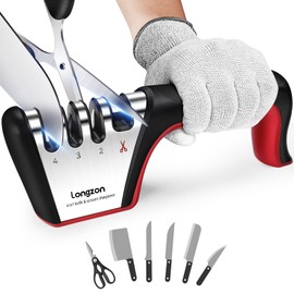longzon Longzon 4-in-1 Knife Sharpener [4 Stage] with a Pair of Cut-Resistant Glove, Original Premium Polish Blades, Best Kitchen Knife Sharpener Really Works for Ceramic and Steel Knives, Scissors.