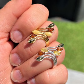 Silver Amber Jewellery - 925 Sterling Silver and Mix Baltic Amber Multi Stone Designer Ring - UK Rng Size L - M464ML