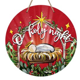 Deroro Christian Christmas Nativity Front Door Sign, Religious Xmas Jesus O Holy Night Wood Door Hanger Outdoor Outside Porch Decor, Winter Holiday Wooden Wreath Indoor Wall Hanging Decoration