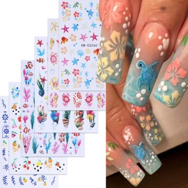 6 Sheets Cute Fruits Ocean Animal Nails Art Stickers 3D Self-Adhesive Nails Stickers Starfish Sea Turtle Octopus Coral Seahorse Apple Orange Nail Decal Supplies Women's DIY Summer Nail Art Decoration