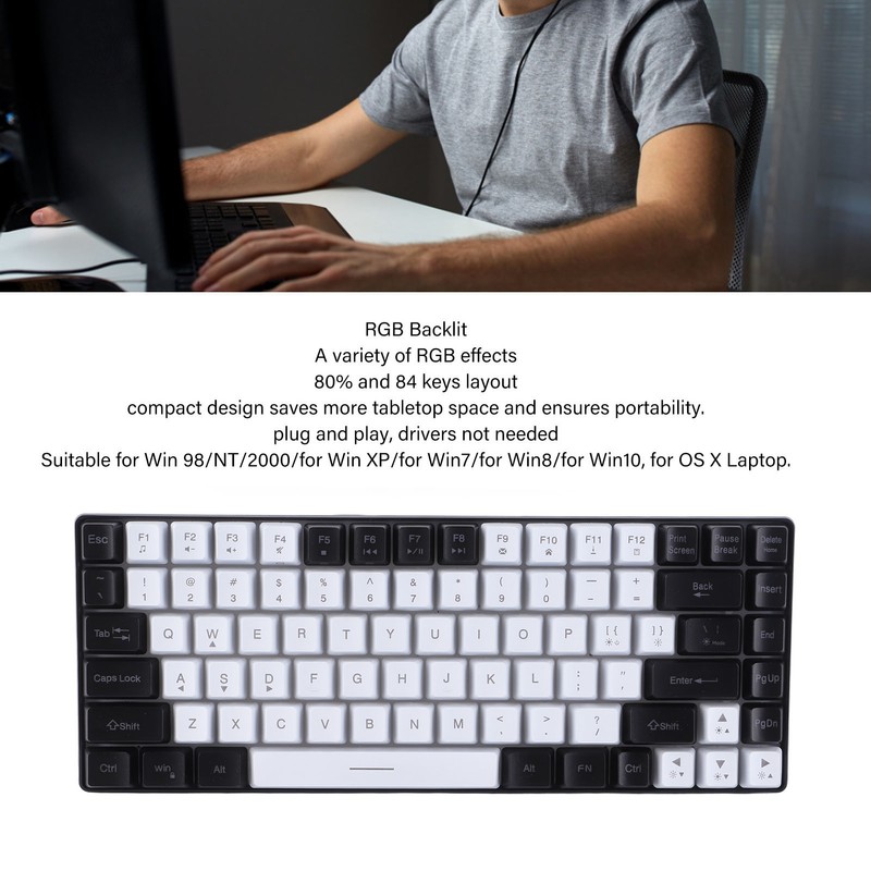 Gaming Keyboard Type C 84 Keys RGB Backlit Ergonomically Curved
