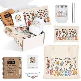 Teacher Appreciation Gifts for Women - 12oz Tumbler, Canvas Tote, Notebook & Pen Set for Christmas/Birthday/Retirement - Perfect for Preschool, Science, English Teachers (Students/Parents Gift Idea)