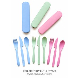 Set 3 juegos de Cubiertos Reutilizables Portátiles con Estuche, 3 Juegos de Tenedor Cuchara Cuchillo de Plástico, Azul, Verde y Rosa, para Viaje Picni