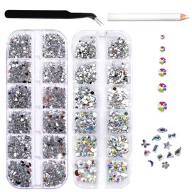 Snmzlc 2 Boxes mini nail art rhinestones multi shape nail gem design charm 3D star heart water drop butterfly moon square diamond aurora transparent mix DIY acrylic nail kit US276 (aurora transparent)