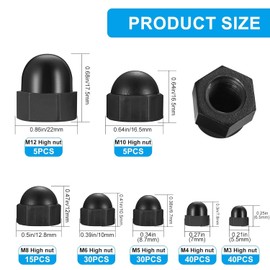 165 Piece Cap Nuts High Shape Set, Black Nylon Hexagonal Cap Nuts, M3 M4 M5 M6 M8 M10 M12 Cap Nuts, Cap Nuts, High Shape Hex Nut Cap for Threaded Rods, Screws