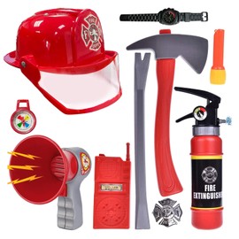 Liberty Imports 10 PCs Fireman Gear Firefighter Costume Role Play Career Dress Up Starter Toy Accessories Pretend Play Set with Helmet, Tools for Kids, Toddlers
