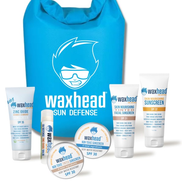 Waxhead Sampler Kit with Dry Bag - Ocean Friendly Sunscreen Kids Travel Size Mineral Sunscreen for Face and Body, Mini Non Toxic Sunscreen for Adults, Organic Sun Screens and Lip Balm Kit