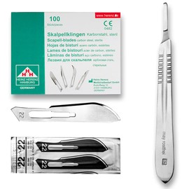 Set of 100 Scalpel Blades Figure 22 Made of Carbon Steel - Replacement Blades Individually Sterile Packed + 1 x May - Scalpel Holder with Flat Handle Made of Stainless Steel