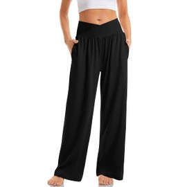 TARSE Womens Yoga Pants Wide Leg Comfy Loose Lounge Pajama Flowy Pants Pockets Casual Sweatpants(Black,L)