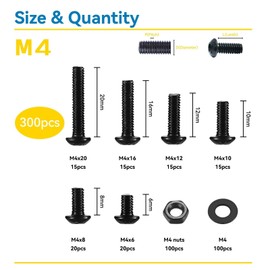 WZHUIDA 300Pcs M4 Screw Assortment Button Head Socket Cap, M4*6mm, 8mm, 10mm, 12mm, 16mm, 20mm, Metric Bolts Nuts Washers Kit with 1 Hex Allen Wrench, Black Zinc Plated Anti Rust Upgrade