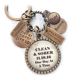 Clean and Sober, Sobriety Backpack Clip, Key Chain or Necklace, Sobriety Anniversary Gift, Recovery Gift, One Day At A Time, AA, NA, I Choose Strength, Custom Date