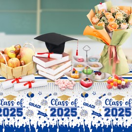 Graduation Decorations Class of 2025 Tablecloth - 3 Pcs Plastic Congrats Grad Table Cloth, Graduation Table Cover for Graduations Party Decorations 2025 and Party Supplies, 54"x108" (Blue and Gold)