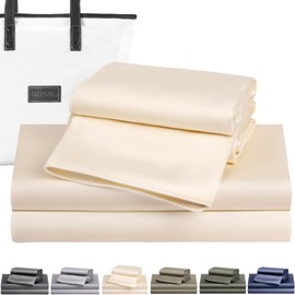 Luxury Bamboo Viscose Sheets | 100% Pure Bamboo Viscose Bed Set, Soft and Cool for Hot Sleeper | 1 Fitted Sheet with Straps, 1 Flat Sheet, and 2 Pillowcases Pipe Edged, 20” Deep Pocket (Cream, Queen)