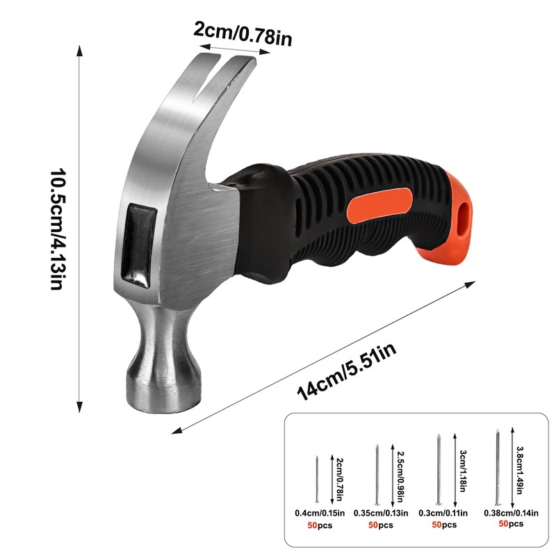 Hammer Set, 200 Pieces Wall Nails, Multifunctional Small Hammer, Claw