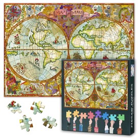 Jigsaw Puzzles for Adults 1000 Pieces Map on Old Paper Jigsaw Puzzles for Adults Gifts Challenging Puzzle Map with Continents Lands Old Ships for Home Decor Family Games 27.5"X19.7"
